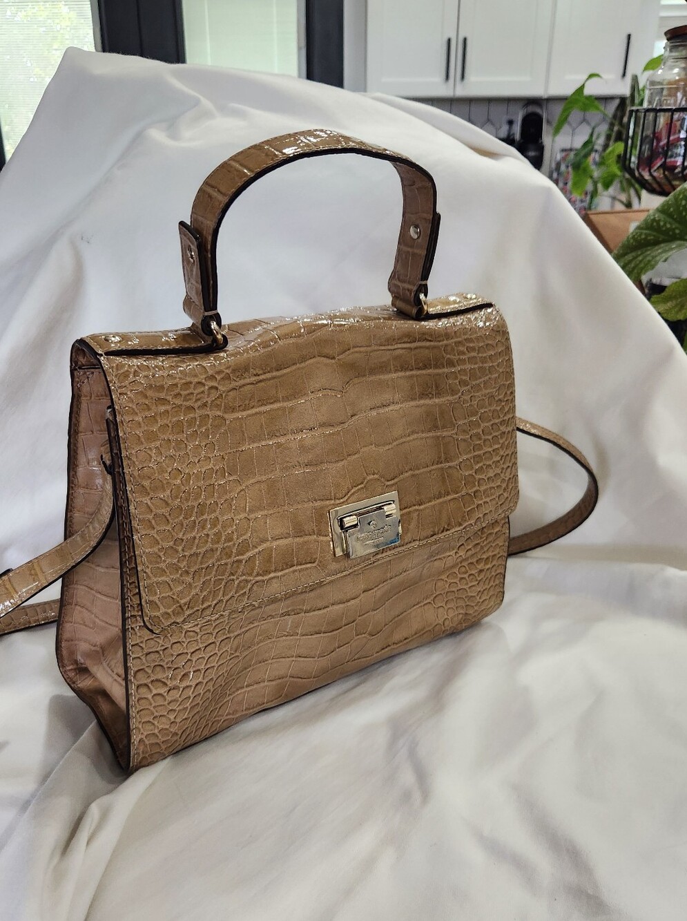Kate Spade Knightsbridge Patent Croc-Embossed Top-Handle Satchel in Tan